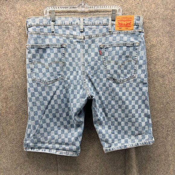 Levi’s 502 Shorts Men 40 Blue Checkered Denim Slim Fit Distressed Bermuda Jorts - Picture 2 of 9